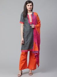 Indigo Blue Printed Cotton Dress Material with  Bright Color Blocking and Zari Borders