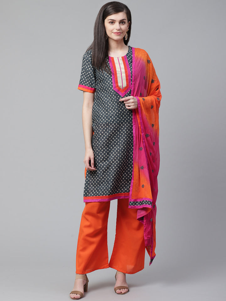 Indigo Blue Printed Cotton Suit Dupatta with  Bright Color Blocking and Zari Borders