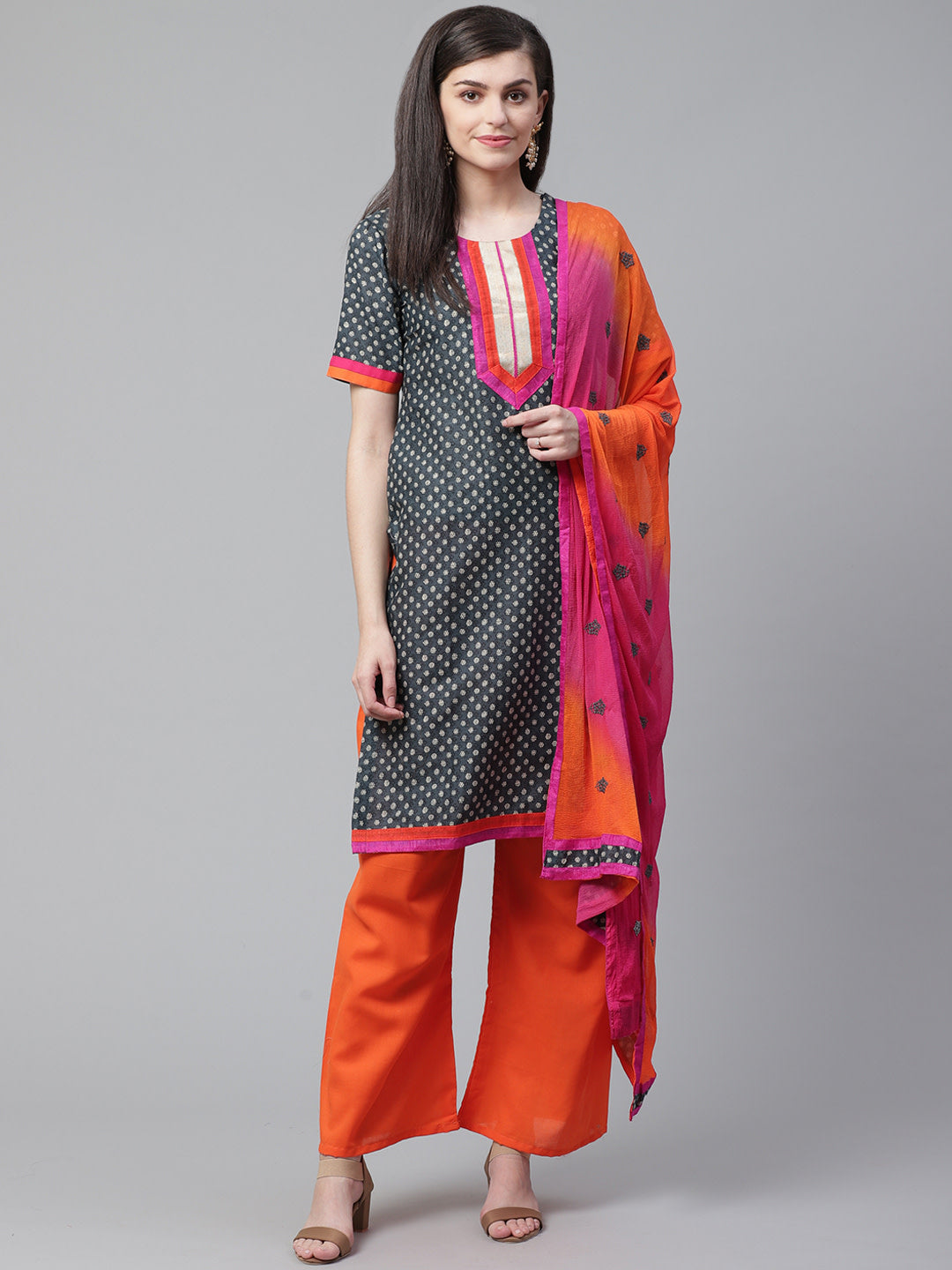 Indigo Blue Printed Cotton Suit Dupatta with  Bright Color Blocking and Zari Borders
