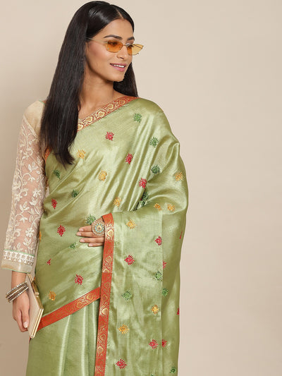 Chhabra 555 Mehendi Green Tassar Benarasi Silk  Saree with Resham Embroidery  & Brocade Border 