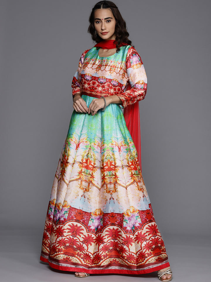 Made to Measure Red Anarkali Bohemian Printed Dress with Net Red Dupattta