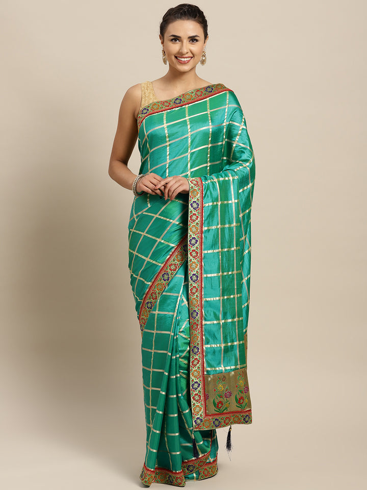 Patola Silk Checked Saree with Meenakari Zari Woven Border
