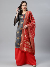 Banarasi French Silk Unstitched Suit Set With Gota Patti Work & Banarasi Dupatta