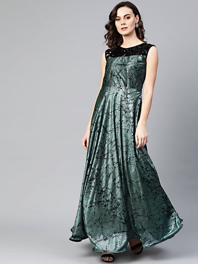Chhabra 555 Teal Black Cocktail Gown with Sequin embroidered neckline and contemporary animal print