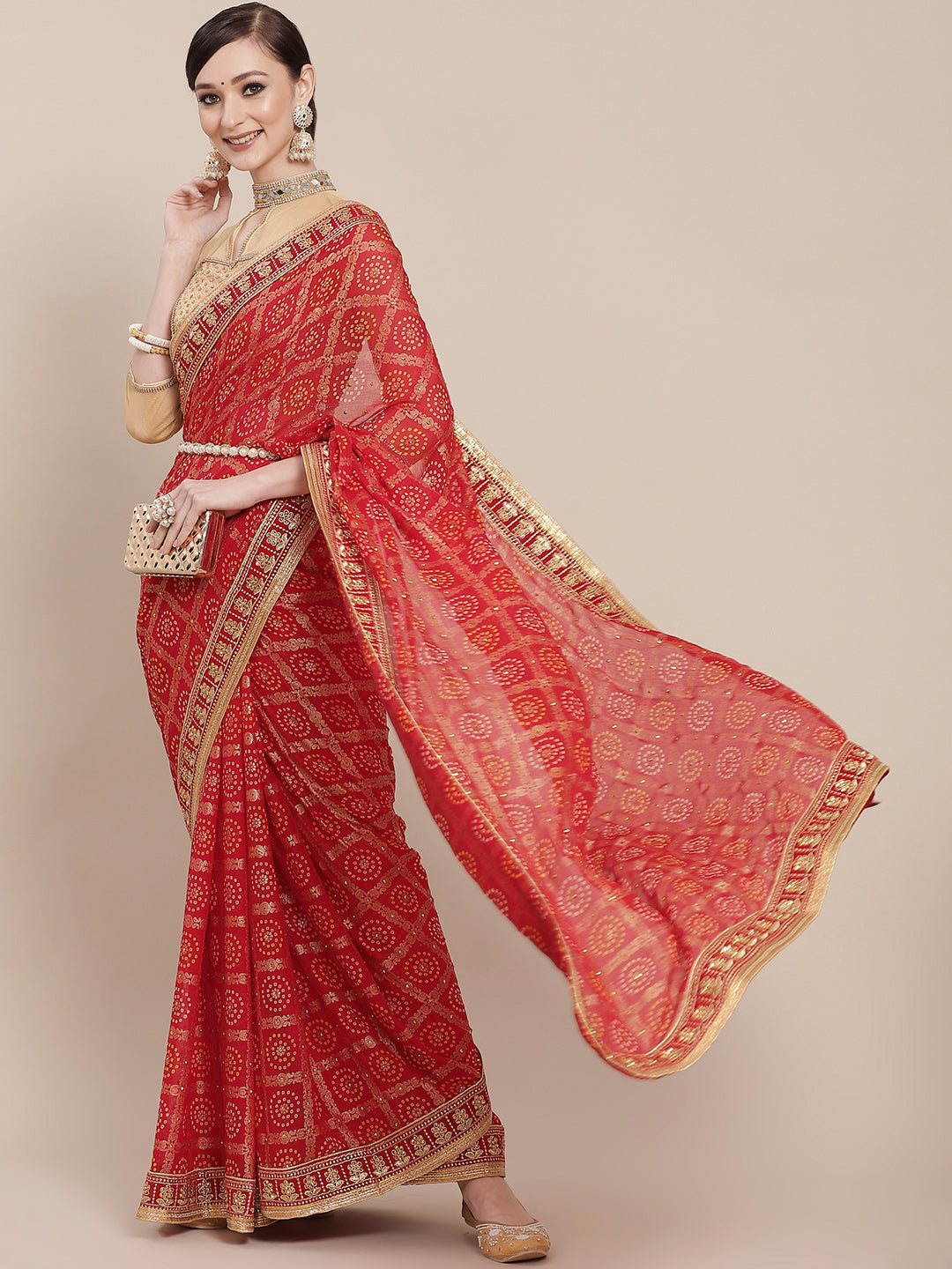 Chhabra 555 Red Chiffon Bandhej Printed Embroidered Traditional Saree