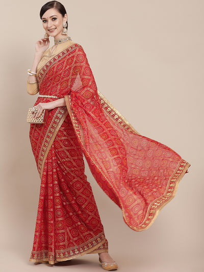 Chhabra 555 Red Chiffon Bandhej Printed Embroidered Traditional Saree