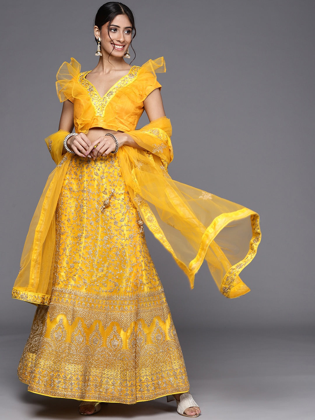 Chhabra 555 Sunshine Yellow Gold Kasab Zari Embroidery Semi-Stitched Lehenga Set & Ethnic Motifs