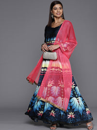 Made to Measure Blue & Black Anarkali Bohemian Printed Dress with Pink Net Dupattta