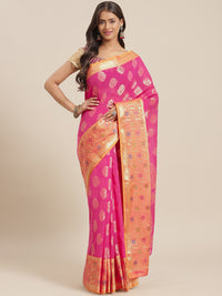 Chhabra 555 Fuchsia Panelled Resham & Zari handloon weaving saree with meenakari