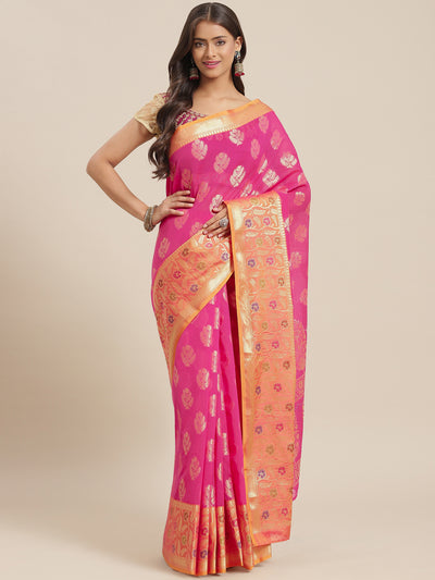 Chhabra 555 Fuchsia Panelled Resham & Zari handloon weaving saree with meenakari