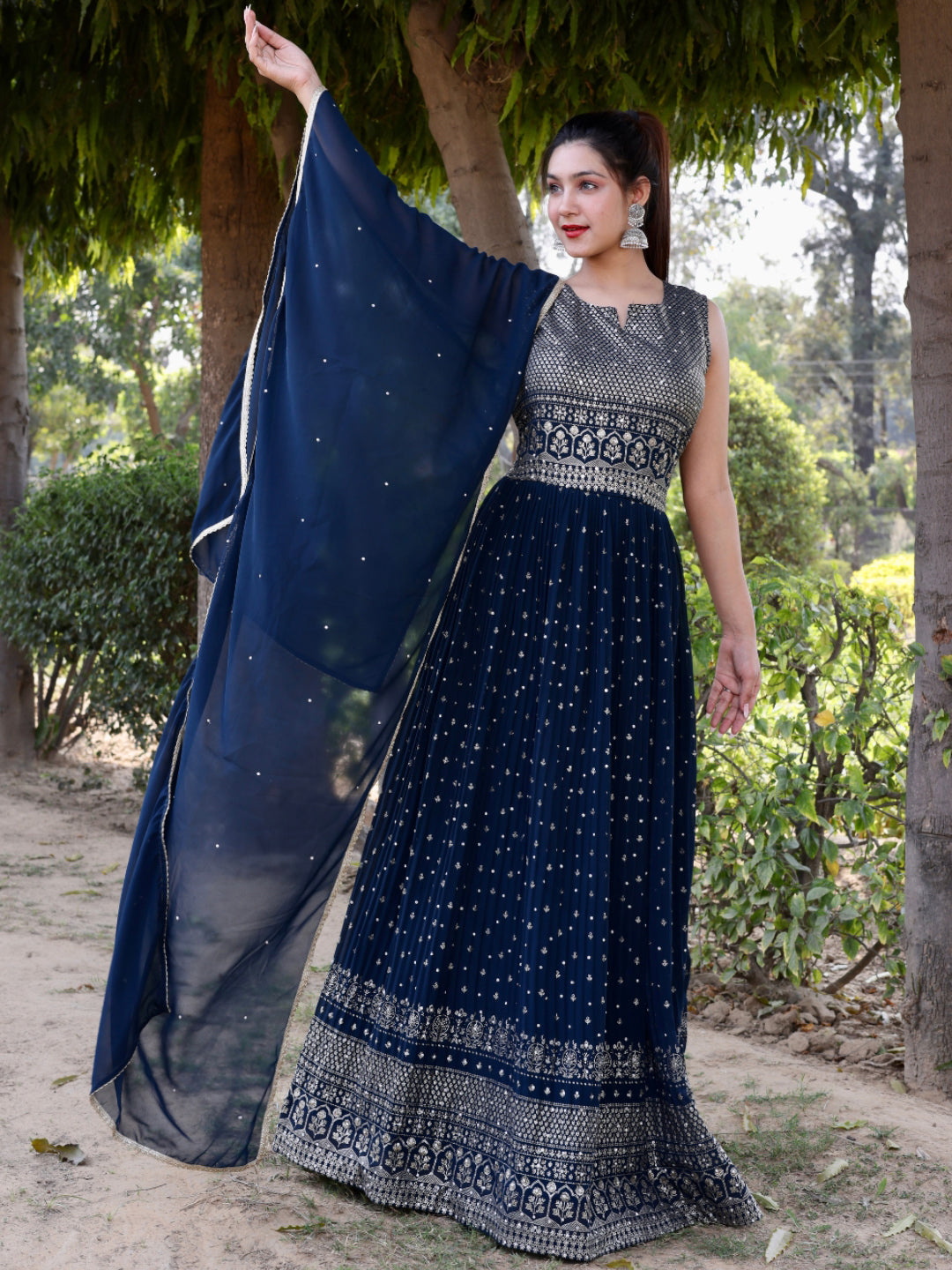 Chhabra 555 Made to Measure Gold Foil Ethnic Motifs Print Flared Georgette Embellish Gown Dupatta