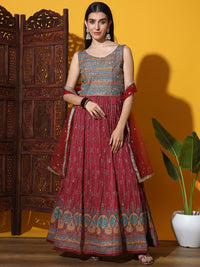 Chhabra 555 Foil Print & Crystal Embellished Anarkali Gown with Accordian Pleats & Multicolor Motifs