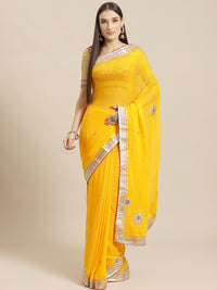 Yellow & Red Jaipuri Georgette Saree with Gota Patti Embroidery & Contrast Blouse