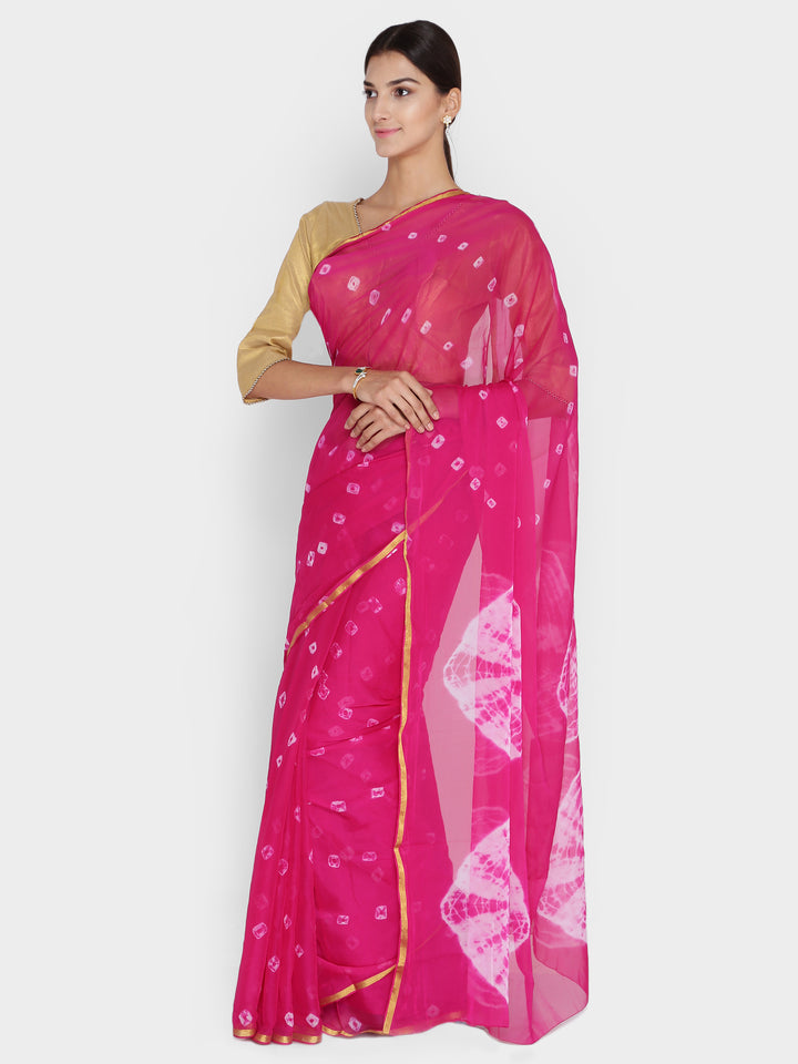 Pink Colored Chiffon Batik Print  Designer Saree.