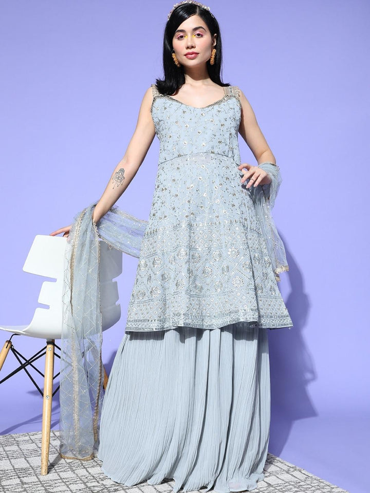 Chhabra 555 Grey Sequence Mirror Embroidery Peplum Kurta, Pleated Lehenga Set & Heavy Net Dupatta