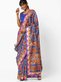 Blue Chanderi Cotton Silk Printed Saree with Maheshwari pattern and Banarasi Border