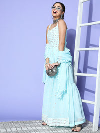 Chhabra 555 Pastel Sky Blue High Slit Nyraa Style Kurta Sharara Set with Chikan Resham Embroidery