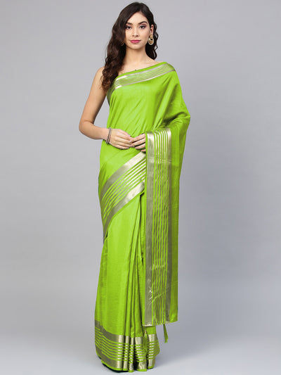 Chhabra 555 Green Satin Silk Saree with zari woven striped pattern and contrast Brocade blouse