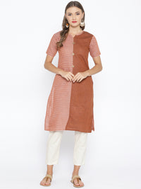 Brown Cotton Straight Kurta with Striped pattern