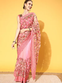 Chhabra 555 Pastel Pink Multi Color Resham Embroidered Contemporary Tulle Saree