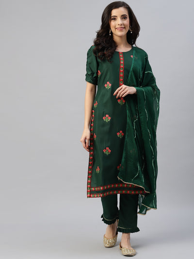 Chhabra 555 Green Resham Embroidered Crape Unstitched Dress Material with Contrast Chiffon Dupatta  