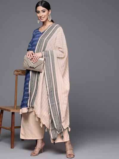 Chhabra 555 Made-to-Measure Navy Blue Cotton Kurta Pallazo Set with Resham Weaving & Striped Dupatta