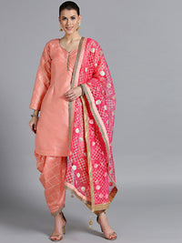 Chhabra 555 Made-to-Measure Peach Gota Patti Kurta with Embroidered Patiala Salwar & Magenta Dupatta