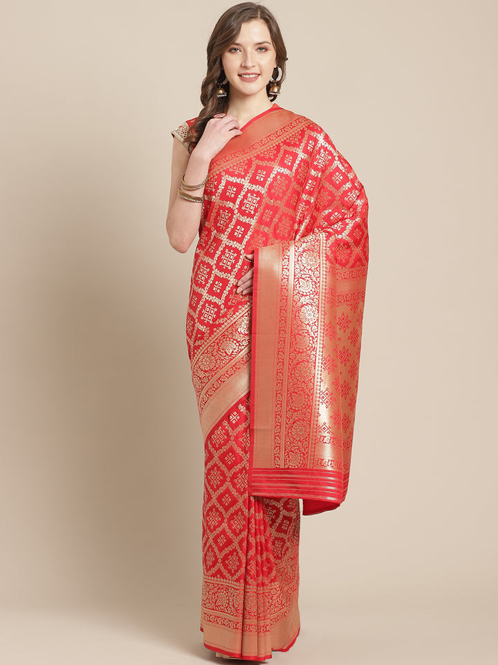 Red Banarasi Handloom Bridal Gold Zari Woven Saree in Gharchola Geometrical Pattern
