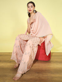 Chhabra 555 Made-to-Measure Peach Resham, Zari Embroidered & Sequence Embellished Kurta Sharara With Dupatta Set 