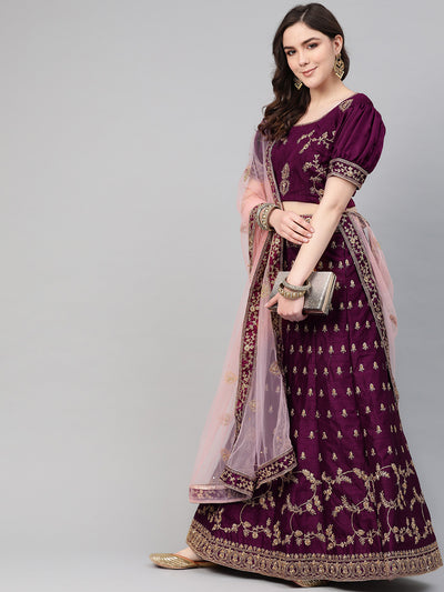 Chhabra 555 Purple Pink Silk Semi-stitched Lehenga set with floral zari embroidery and crystal embellishments