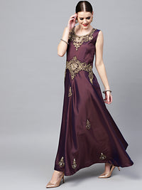 Chhabra 555 Brown Silk Made-to-Measure Kurta Set with Zari Embroidery and Jewelled Neckline