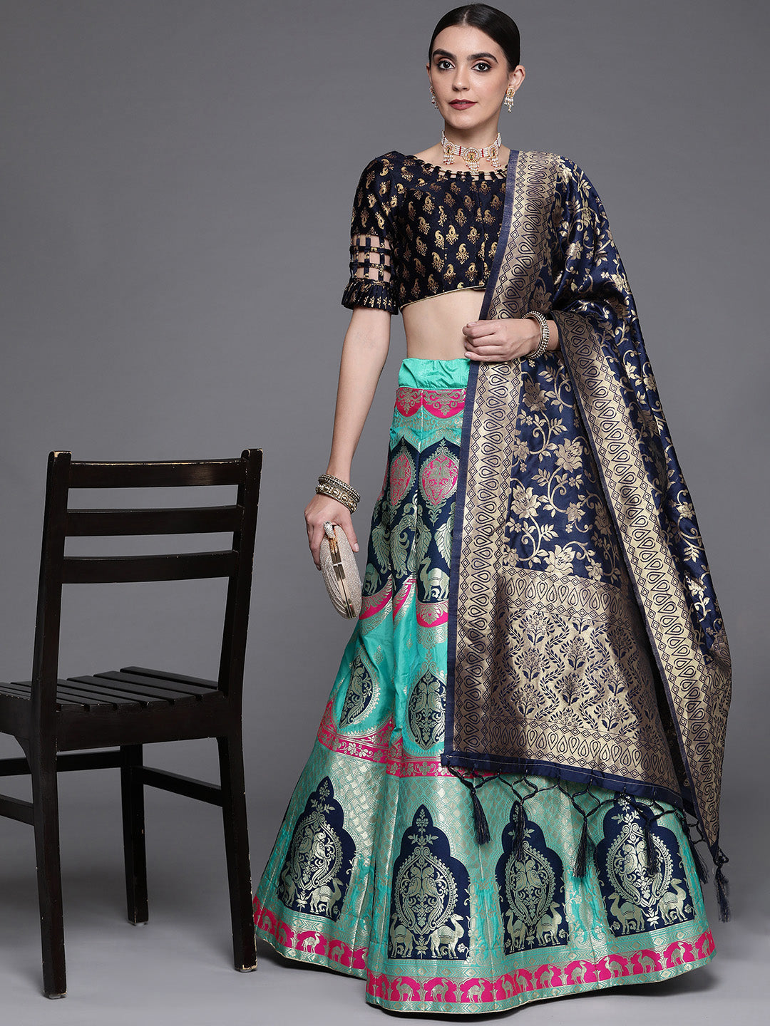 Chhabra 555 Navy Blue Semi Stitched Banarasi Brocade Silk Lehenga Choli with Zari & Resham Weaving