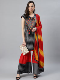 Cotton Resham Embroidered Suit Set With Chiffon Tie & Dye Dupatta & Tassels