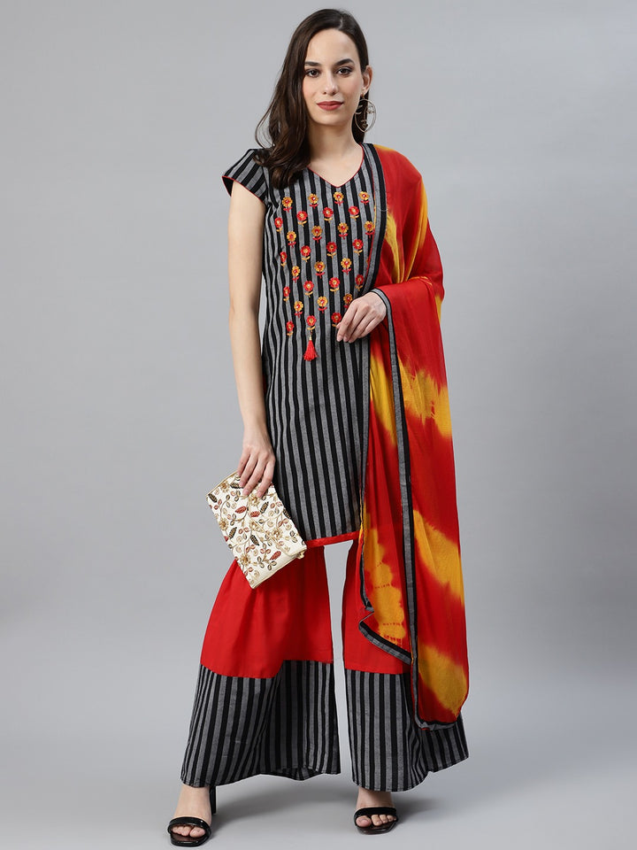 Cotton Resham Embroidered Suit Set With Chiffon Tie & Dye Dupatta & Tassels