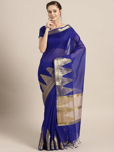 Chhabra 555 Blue Banarasi Handloom Silk Saree with Gold Temple pattern and Paisley border