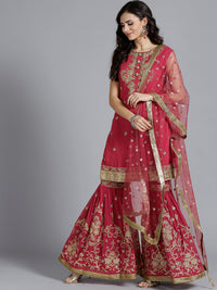 Chhabra 555 Pink Kundan Embroidered Georgette Kurta and dupatta With printed Sharara