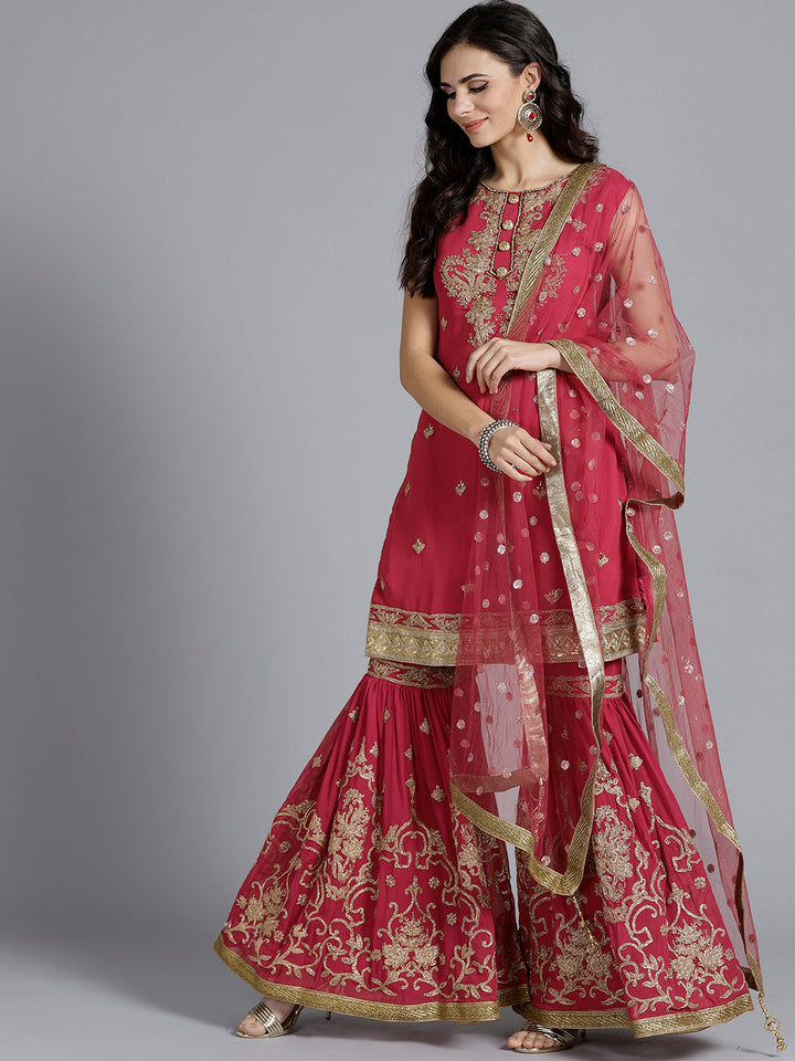 Chhabra 555 Pink Kundan Embroidered Georgette Kurta and dupatta With printed Sharara