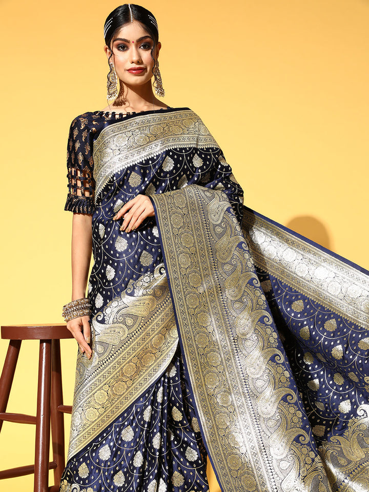 Chhabra 555 Navy Blue Handloom Kanjeevaram Silk Saree with intricate Zari Motifs