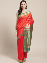 Red Green Banarasi Silk Saree with Contrast Red Zari Border