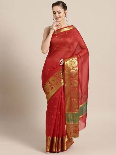 Chhabra 555 Red Banarasi Handloom Silk Saree woven with Resham and Zari Weaving