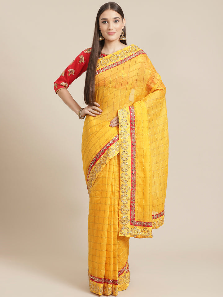 Mustard Gharchola Saree With Embellished Kundan Work Border & Red Embroidered Blouse