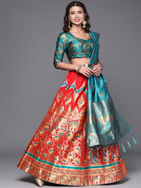 Red Semi Stitched Banarasi Brocade Silk Lehenga Set with Floral Zari, Meenakari Weaving