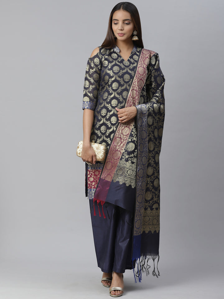 Handloom Chanderi Dress Material with Gold Floral Weave Pattern & Banarasi Duppatta