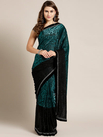 Chhabra 555 Lycra Panelled Teal Black saree with Crystal Embellished border and Self Brocade Pattern