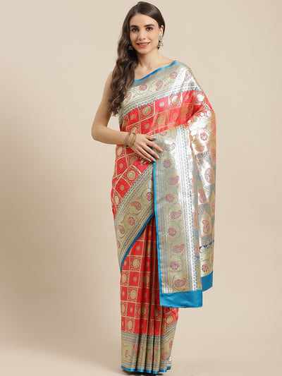 Chhabra 555 Coral Kanjeevaram Wedding Silk Saree With Traditional Gold Zari Gharchola Pattern 

Color: Coral

Type: Kanjeevaram Sarees

Pattern: Woven Design

Pattern Type: Woven Design

Ornamentation: Embroidered

Border: Woven Design

Fabric: Silk Blend

Saree length: 5.50 mtr., Width: 1.10 mtr, Blouse length: 0.70 mtr
Dry Clean

The CAD image gives a detailed look of the actual blouse piece that comes with this saree. The blouse used by the model in the pictures is only for styling purpose.