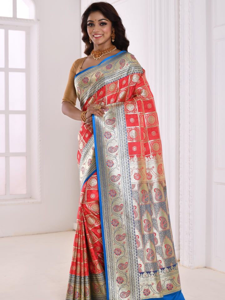 Coral & Fuchsia Woven Design Embroidered Silk Blend Kanjeevaram Saree