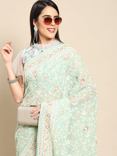 Chhabra 555 Pastel Green Georgette Heavy Resham White Thread Floral Embroidered Ethnic Saree