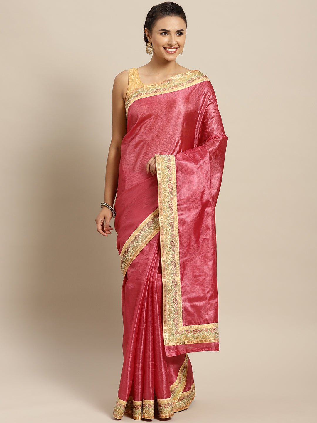 Chhabra 555 Peach Tussar Silk Banarasi saree with meenakari pattern border