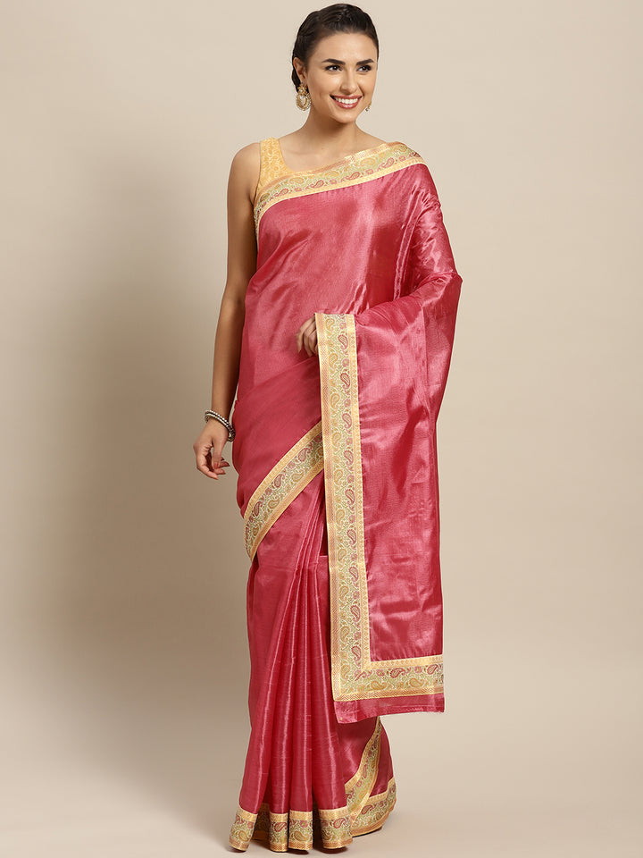 Chhabra 555 Peach Tussar Silk Banarasi saree with meenakari pattern border