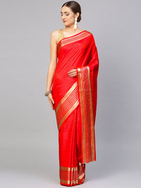 Red Satin Silk Saree with zari woven striped pattern and contrast Brocade blouse
